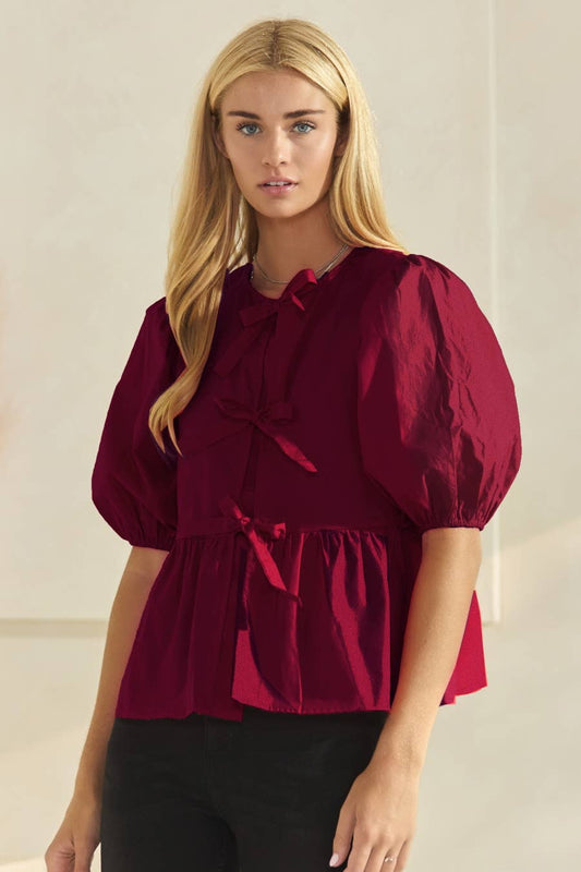 Solid Cotton Poplin Front Tie Ribbon Blouse: Burgundy / L