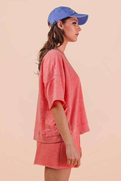 NT12429SETX-PLUS SIZE Mineral Washed Knit Casual Top & Shorts