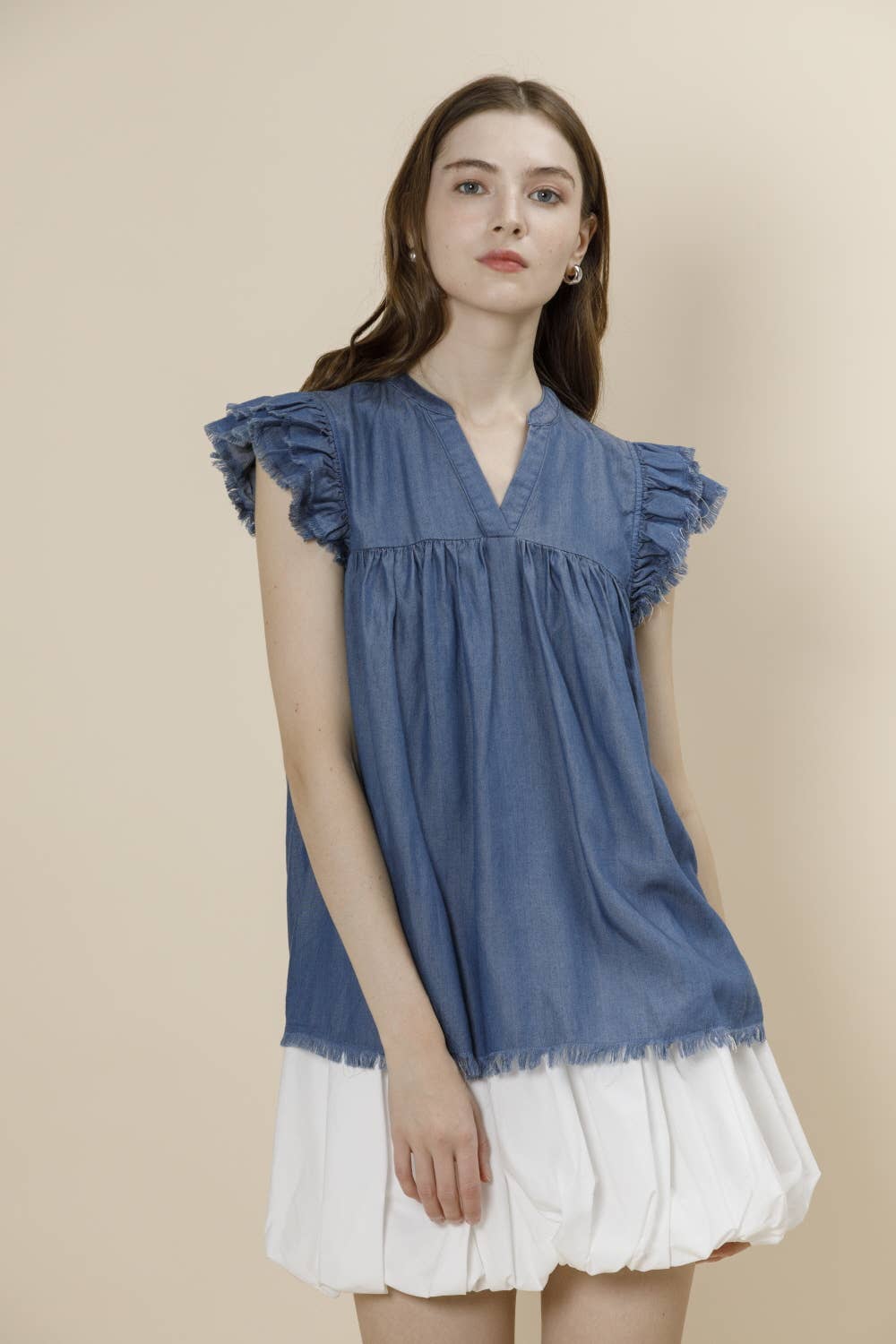 Pre-Washed Tencel Denim Frayed Ruffle Cap Sleeve Top