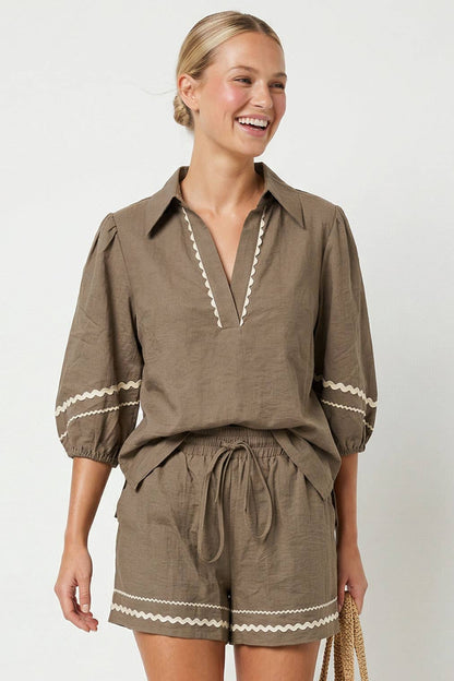 Contrast Trim Puff Sleeve Linen Blouse