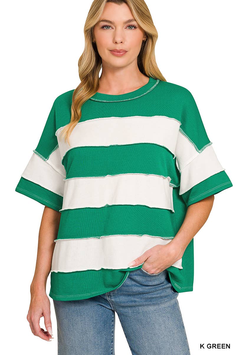 French Terry Striped Exposed Seam Top - Zenana