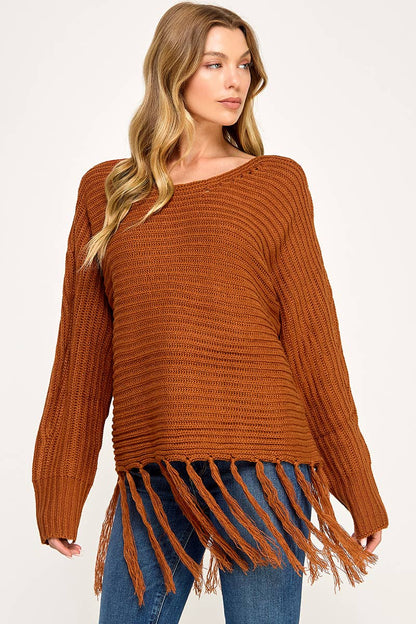 IT3453 - LONG SLEEVE SOLID BOAT NECK SWEATER WITH FRINGE
