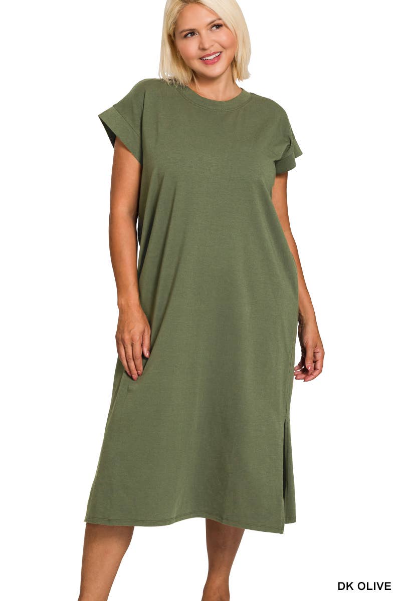 0624 Plus Round Neck Short Sleeve Midi Dress w/ Side Slit SI-2728