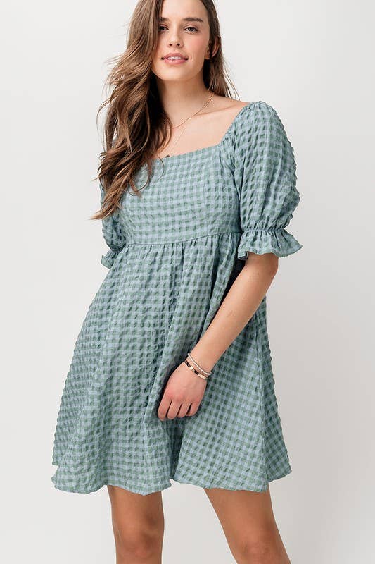 GINGHAM SQUARE NECK  PUFF SLEEVE DRESS WITH POCKET: GREEN/BLUE / S-M-L(2-2-2)