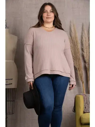 TAUPE RIBBED KNIT LONG SLEEVES PLUS SIZE TOP-M5044P