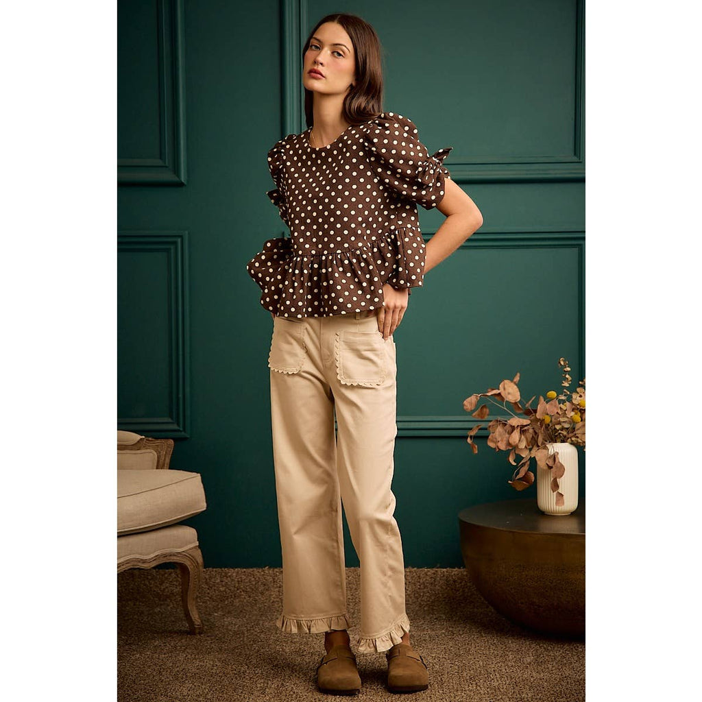 MID RISES CALLOP TRIM PATCH POCKET RUFFLED BOTTOM PANTS