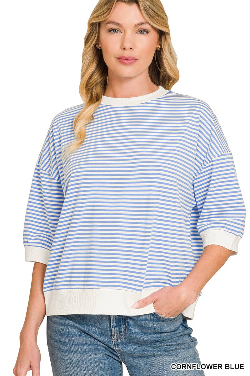 Striped Contrast Trim Banded Bottom Top - Zenana
