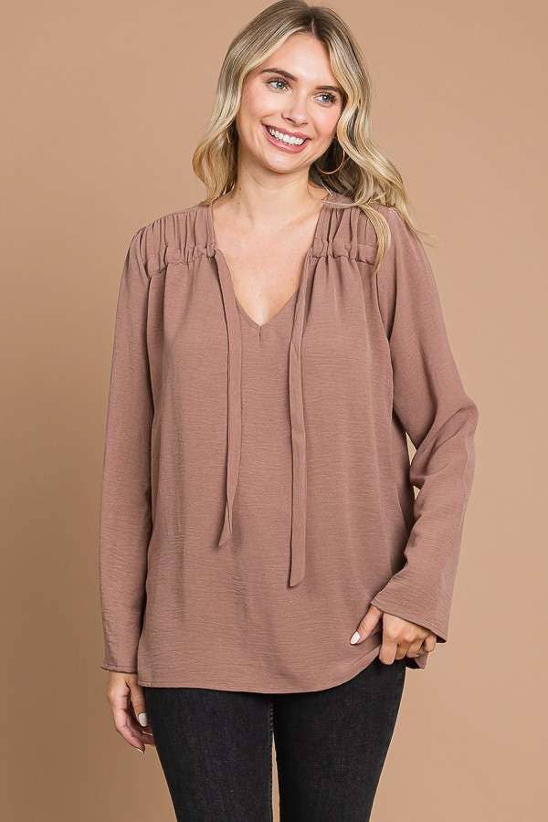 CWT1862L - RUCHING YOKE DETAIL BELL SLEEVE TOP