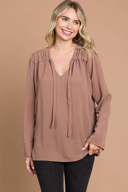 CWT1862L - RUCHING YOKE DETAIL BELL SLEEVE TOP