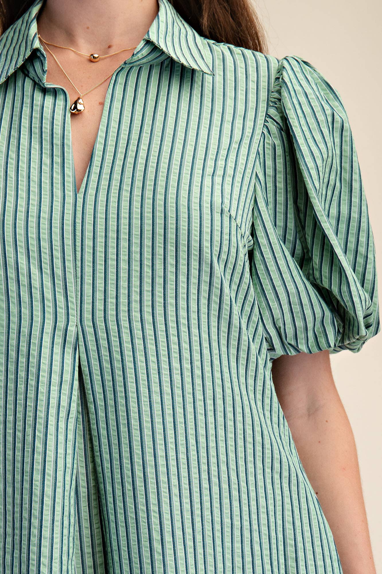 Collar V-Neck Puff Sleeve Stripe Pleated Midi Dress