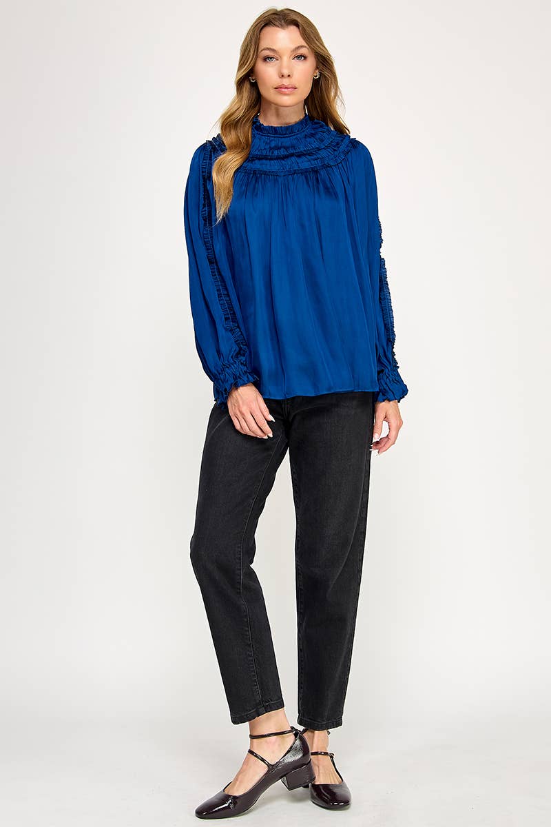 IT3477 - RUFFLED LONG SLEEVES SATIN TOP