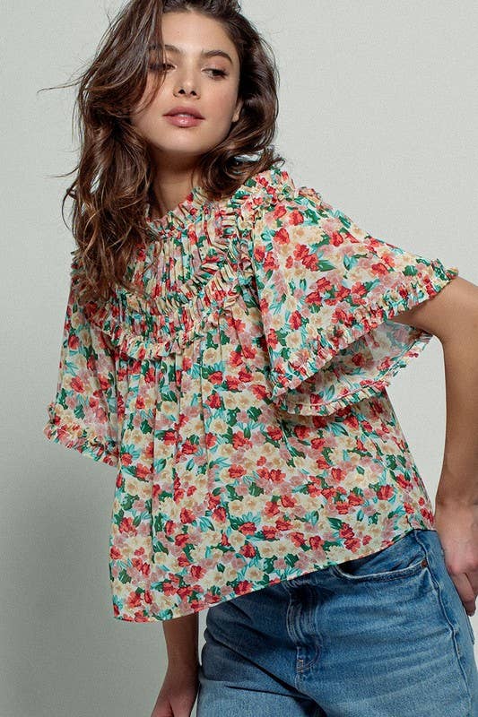 Aurora of Ruffle Short Sleeve Blouse: CORAL/GREEN / S-M-L(2-2-2)