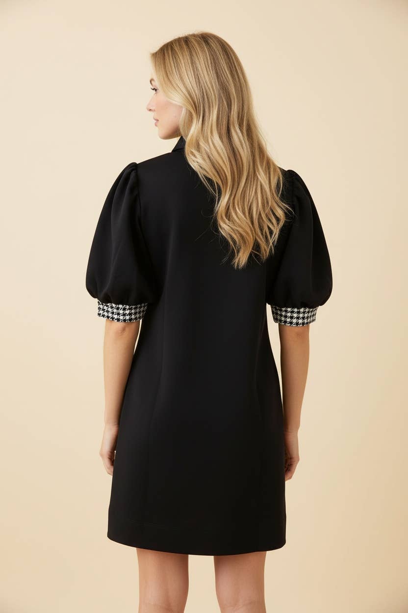 HD50119 Puff Sleeve Mini Shift Dress with Gingham Trim
