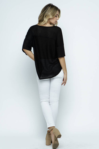 Solid Casual Comfy Waffle V-Neck Top: BLACK / S-M-L(2-2-2)