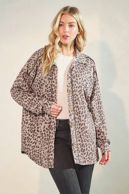 ET7425-14 BASIC COLLAR ANIMAL URBAN RIB BUTTON DOWN TOP: TAUPE / 2-2-2 (S-M-L)