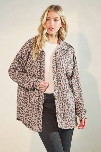 ET7425-14 BASIC COLLAR ANIMAL URBAN RIB BUTTON DOWN TOP: TAUPE / 2-2-2 (S-M-L)