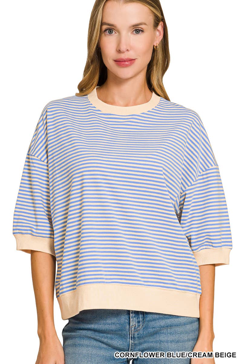 Striped Contrast Trim Banded Bottom Top - Zenana