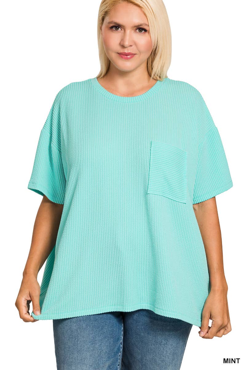 0107 Plus Raised Rib Short Sleeve Front Pocket Top SI-28942