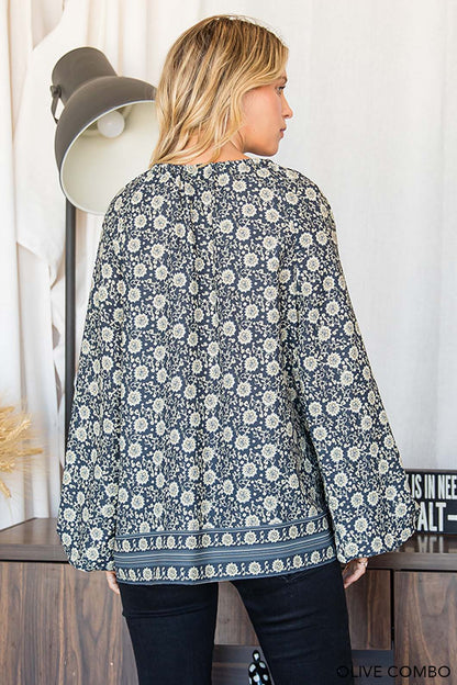 BORDER PRINT NECK TIE TOP