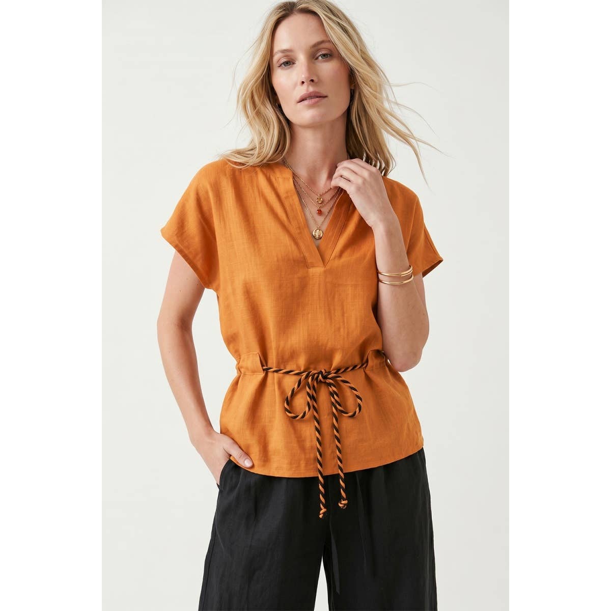 Linen Rope Tie Waist Blouse