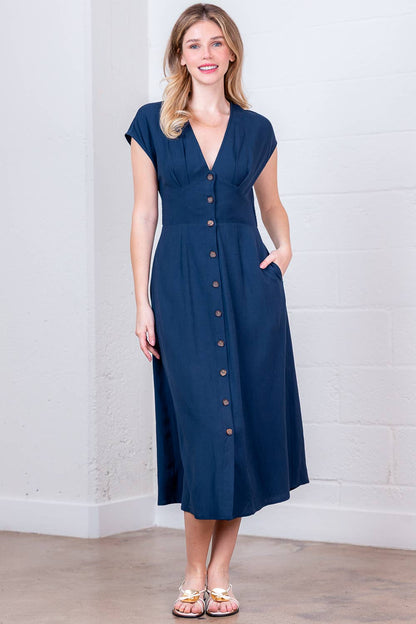PD20378T-LINEN PLUNGE BUTTON DOWN  A-LINE MIDI DRESS