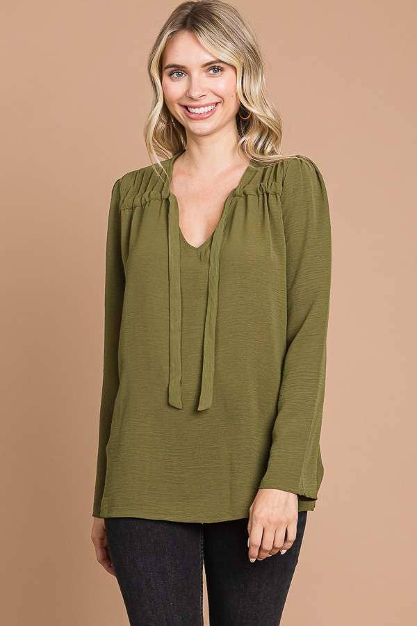 CWT1862L - RUCHING YOKE DETAIL BELL SLEEVE TOP