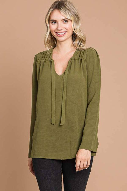 CWT1862L - RUCHING YOKE DETAIL BELL SLEEVE TOP
