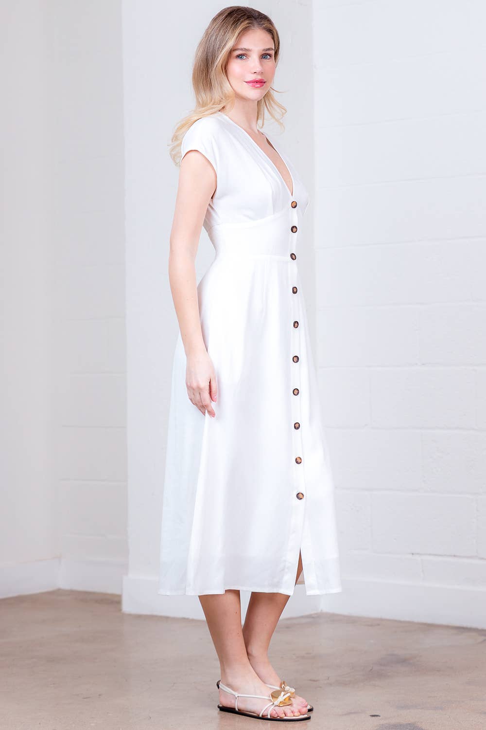 PD20378T-LINEN PLUNGE BUTTON DOWN  A-LINE MIDI DRESS