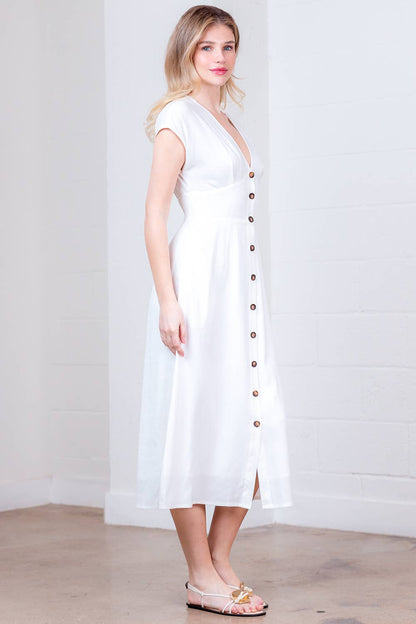 PD20378T-LINEN PLUNGE BUTTON DOWN  A-LINE MIDI DRESS