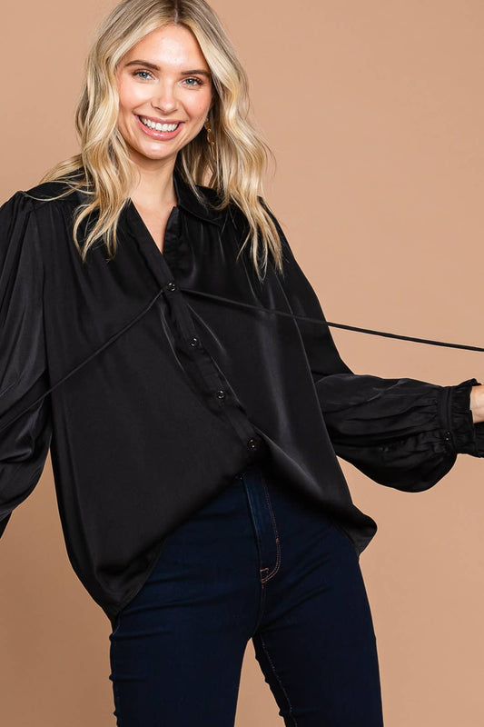 64669W-Soft Satin Button Down Front Shirts