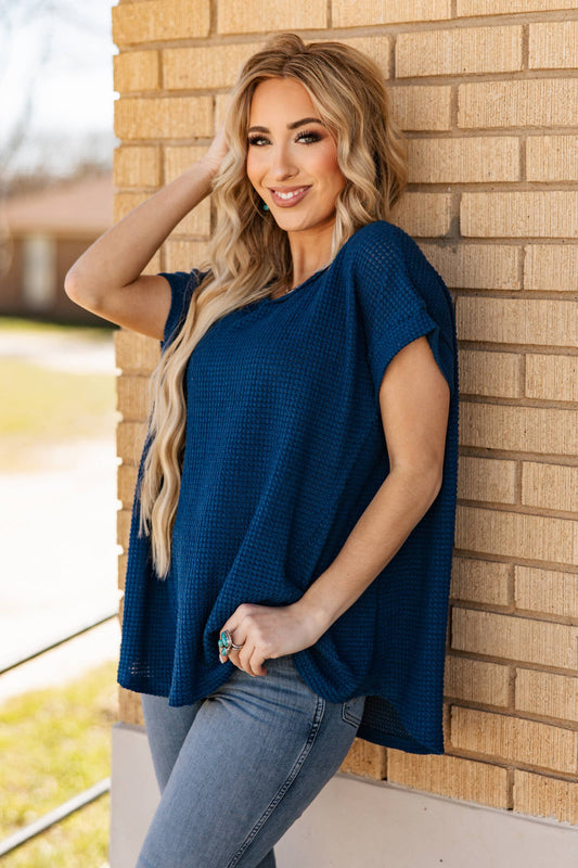 Round Neckline Crochet Poncho Sleeve Top: NAVY / S/M