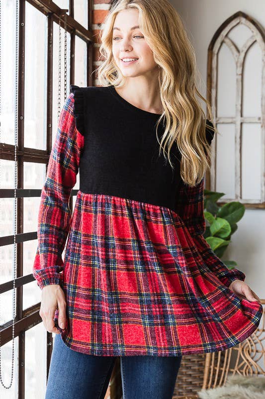 ET6757-13 SOLID AND MULTI COLOR PLAID BABYDOLL TOP