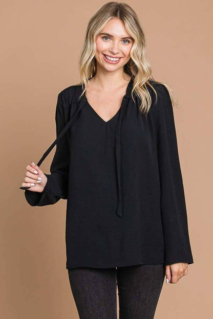 CWT1862L - RUCHING YOKE DETAIL BELL SLEEVE TOP