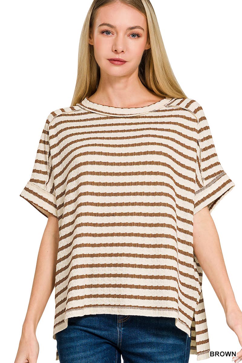 Striped Short Sleeve Hi Low Tee  - Zenana
