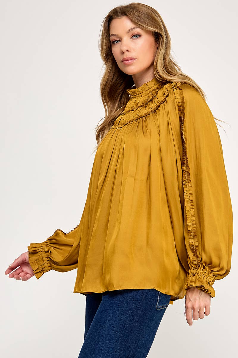 IT3477 - RUFFLED LONG SLEEVES SATIN TOP