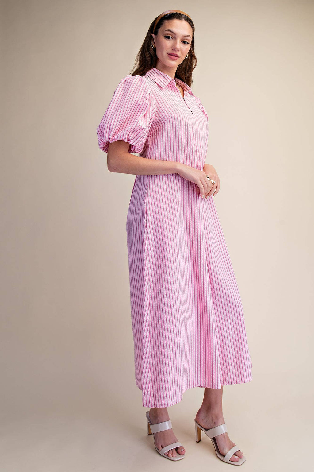 Collar V-Neck Puff Sleeve Stripe Pleated Midi Dress