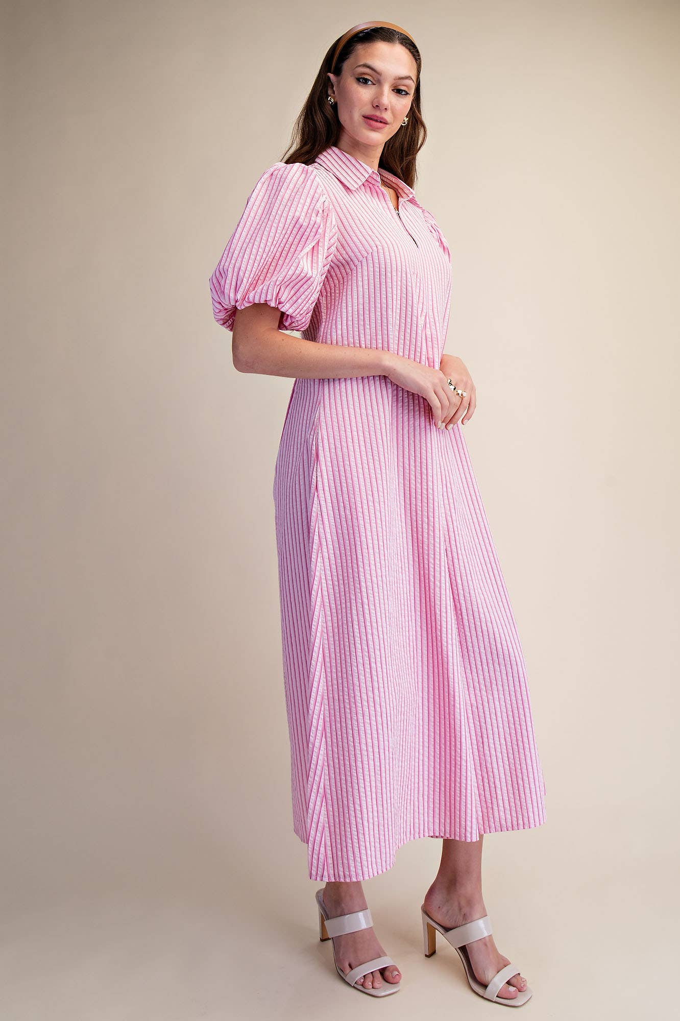 Collar V-Neck Puff Sleeve Stripe Pleated Midi Dress