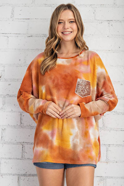 ST2256 - TIE DYE PRINTED LONG SLEEVE WAFFLE DOLMAN TOP
