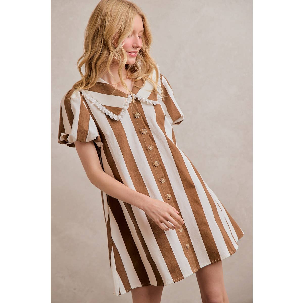 TWILL STRIPE PETER PAN COLLAR SHORT SLEEVE MINI DRESS