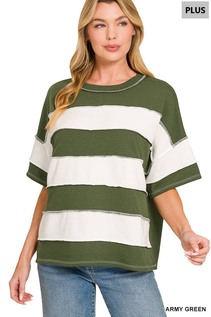 Plus French Terry Striped Exposed Seam Top - Zenana