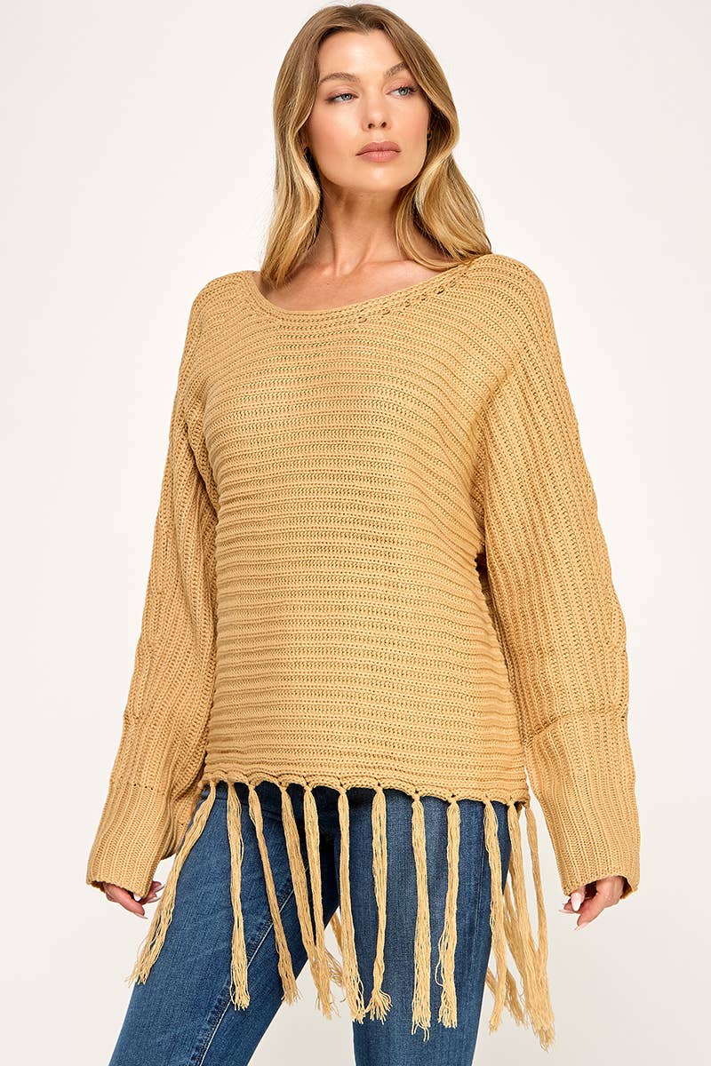 IT3453 - LONG SLEEVE SOLID BOAT NECK SWEATER WITH FRINGE