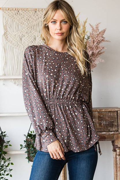 Long Sleeves Ruffle Elastic Waist Side Tie Top