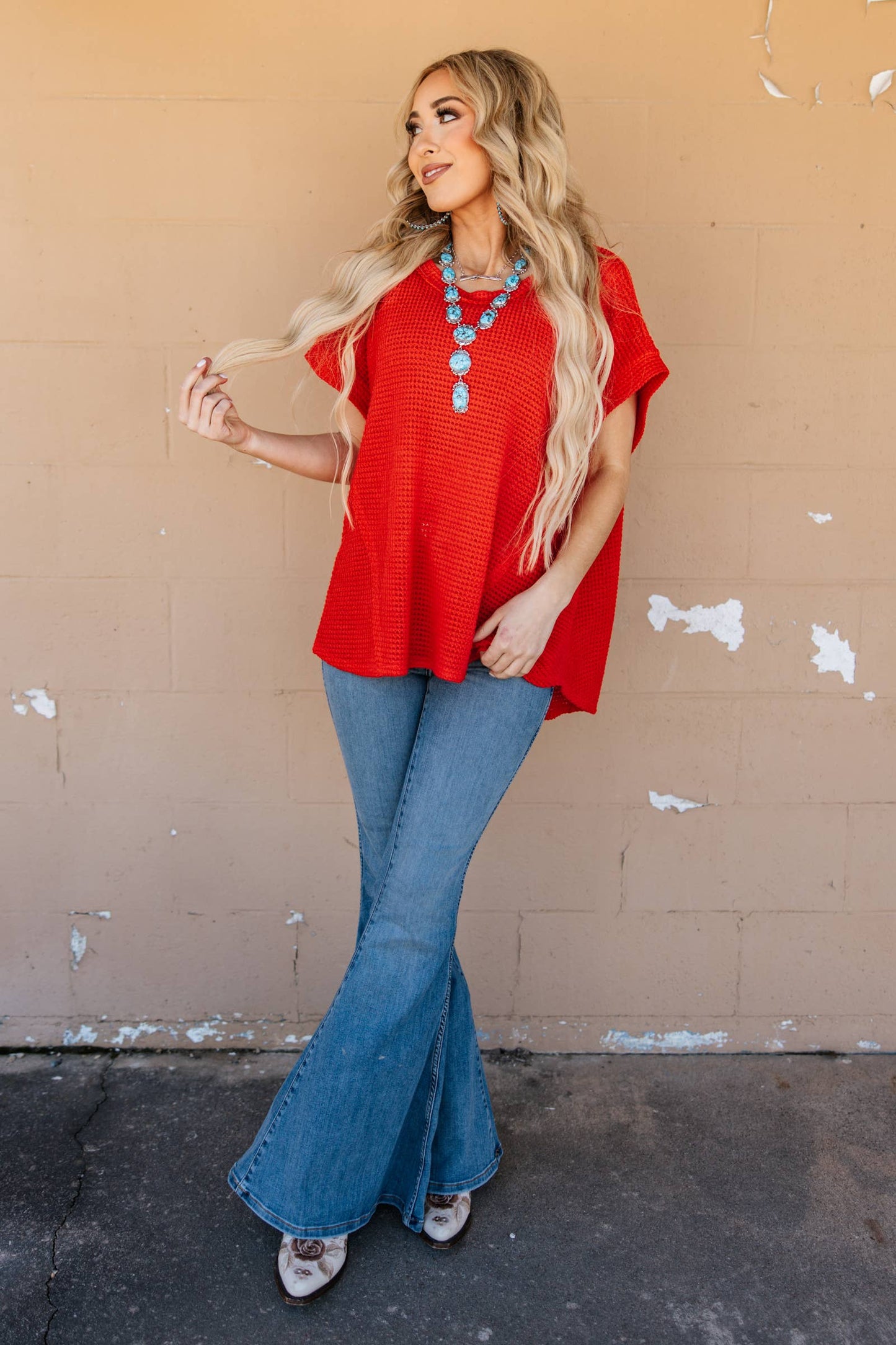 Round Neckline Crochet Poncho Sleeve Top: NAVY / S/M