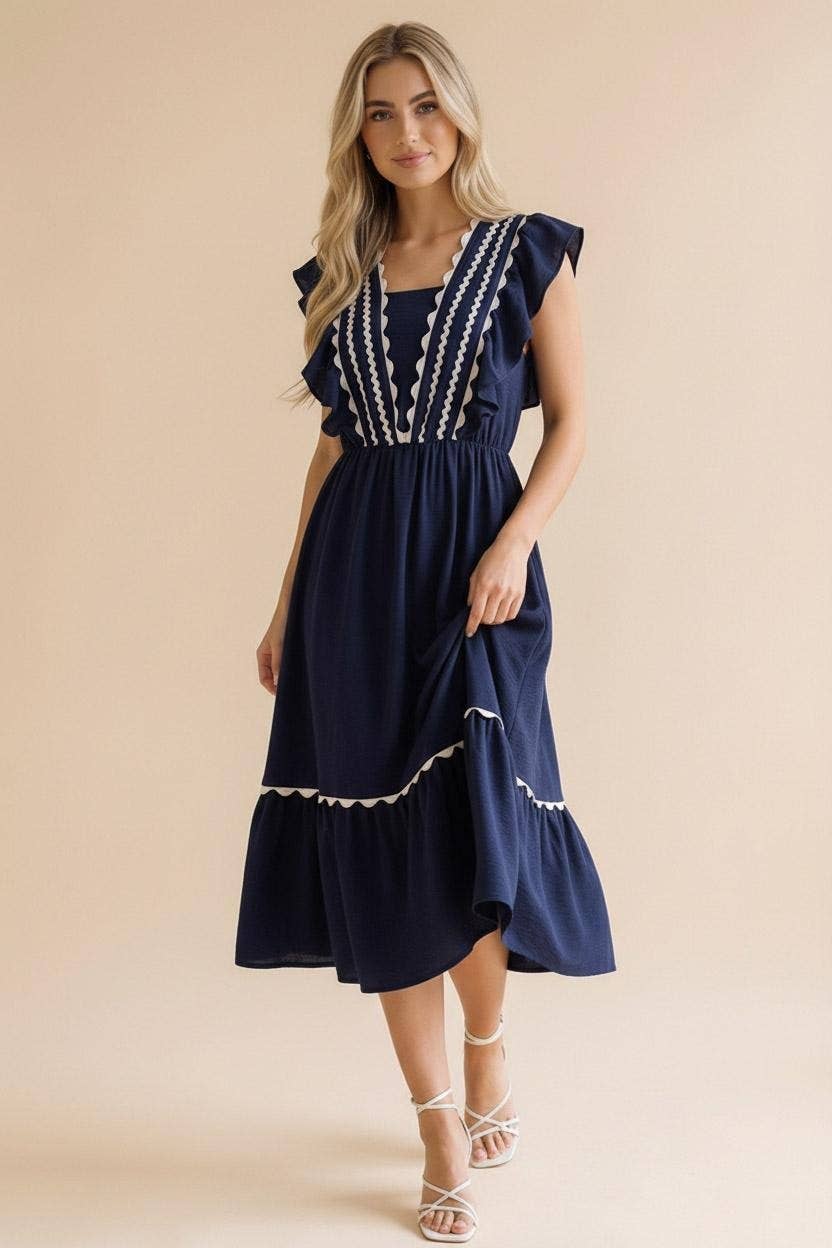 Ric Rac Ruffle Short Sleeve Midi Woven Dress