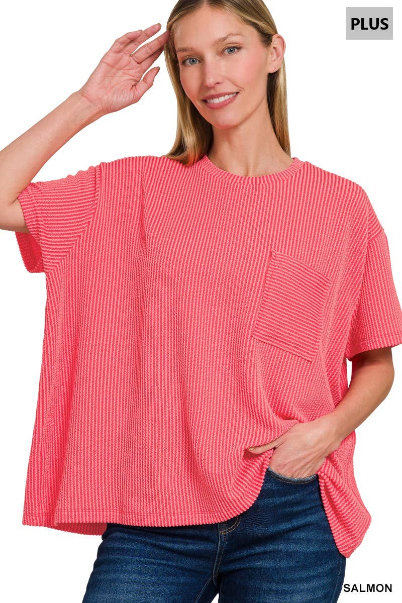 0107 Plus Raised Rib Short Sleeve Front Pocket Top SI-28942