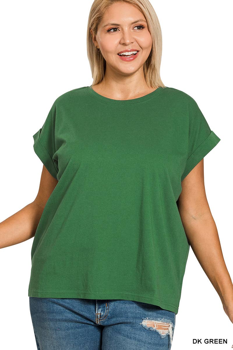 Plus Round Neck Folded Short Sleeve T Shirt - Zenana