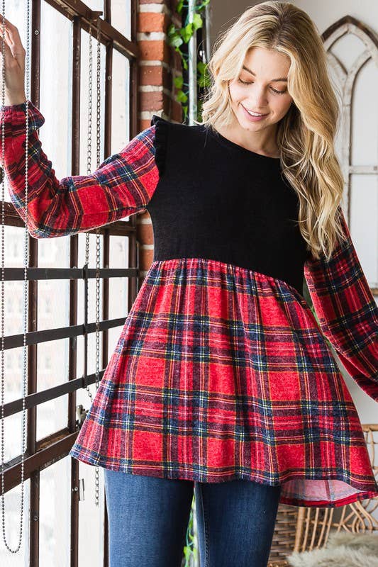 ET6757-13 SOLID AND MULTI COLOR PLAID BABYDOLL TOP