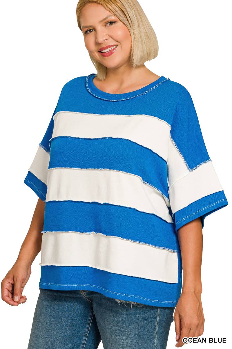 Plus French Terry Striped Exposed Seam Top - Zenana