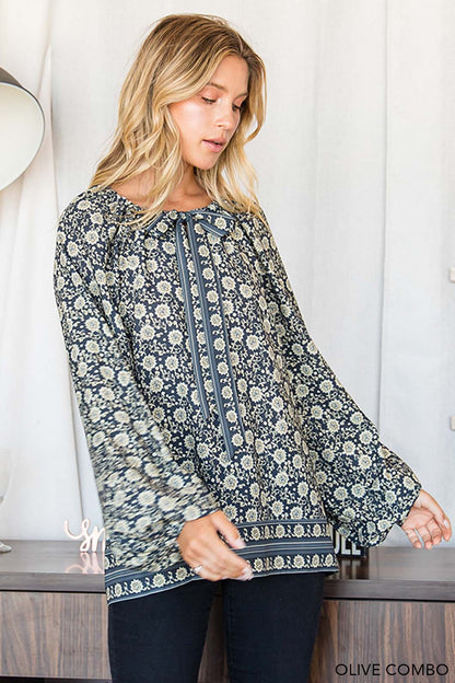 BORDER PRINT NECK TIE TOP