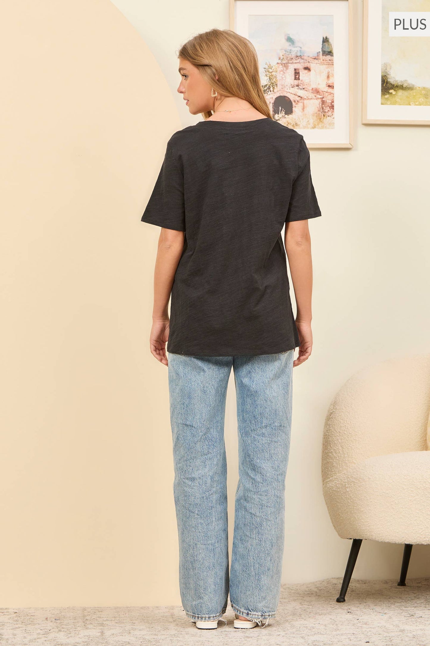 PLUS SIZE Casual Basic Cotton V Neck Short Sleeve: BLACK / 2X